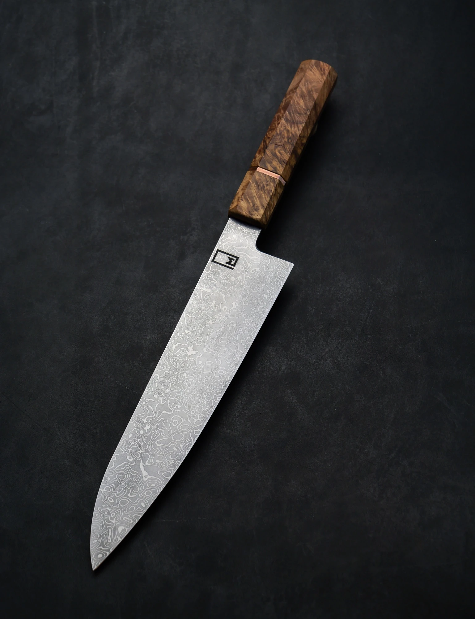 Gyuto – Stainless Damascus Steel, Maple Burl & Copper by Monolith Knives