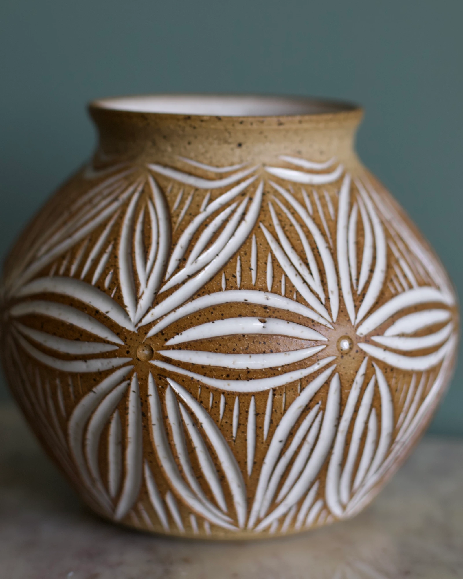 Carved Floral Vase by Stoneware by Susannah Wilson